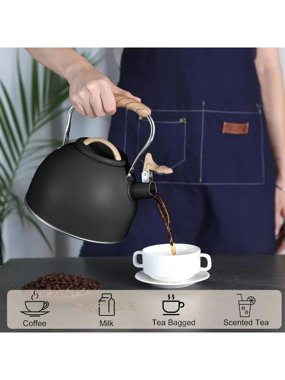 Black Kitchen Whistling Tea Kettle 100 OZ / 3 L Stainless Steel Stovetop Teapot